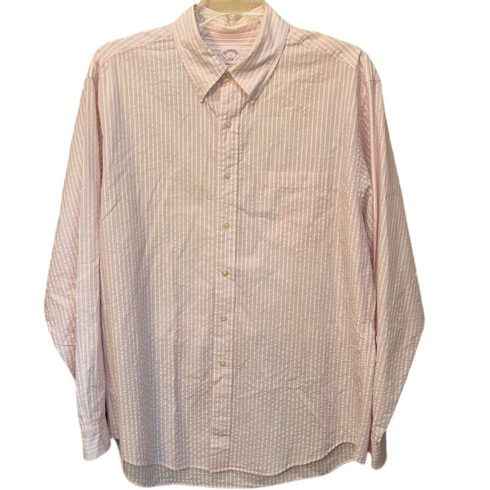 Men's Brooks Brothers The Original Polo Shirt Pink Sear Sucker Cotton Size Large